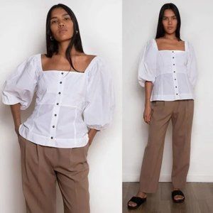 GANNI NWT Poplin Puff Sleeve Square Neck Blouse in White Size 2